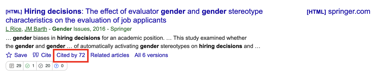 Screenshot of identifying articles that have since cited your target article in Google Scholar.