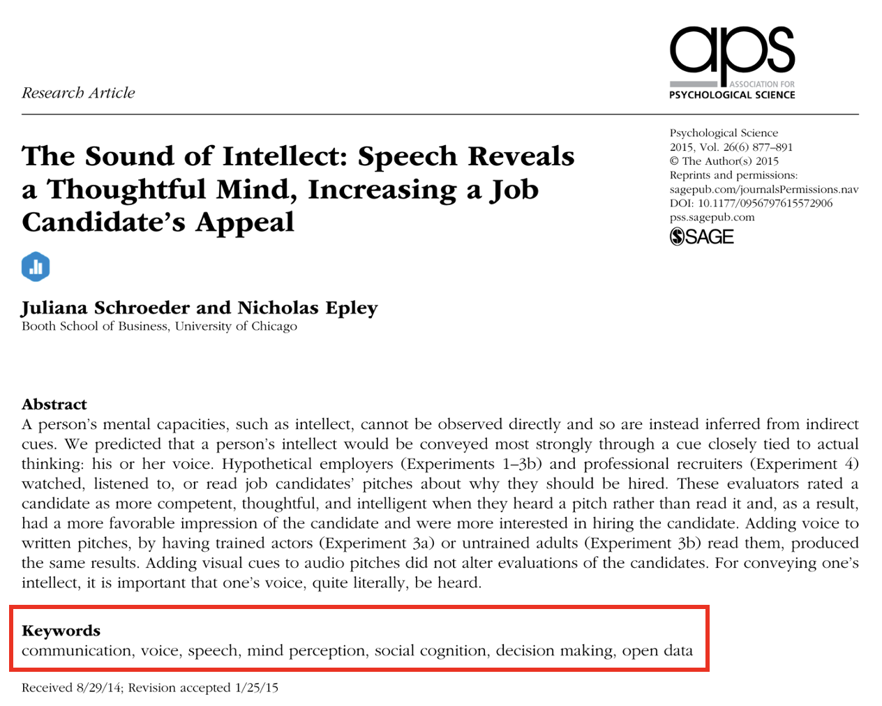 Screenshot of first page of Schroeder and Epley showing title, abstract, and keywords.