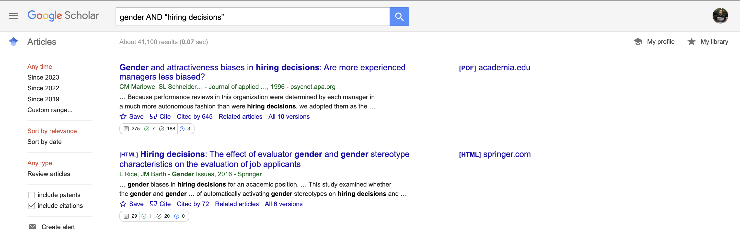 Screenshot of using Boolean operators in Google Scholar.