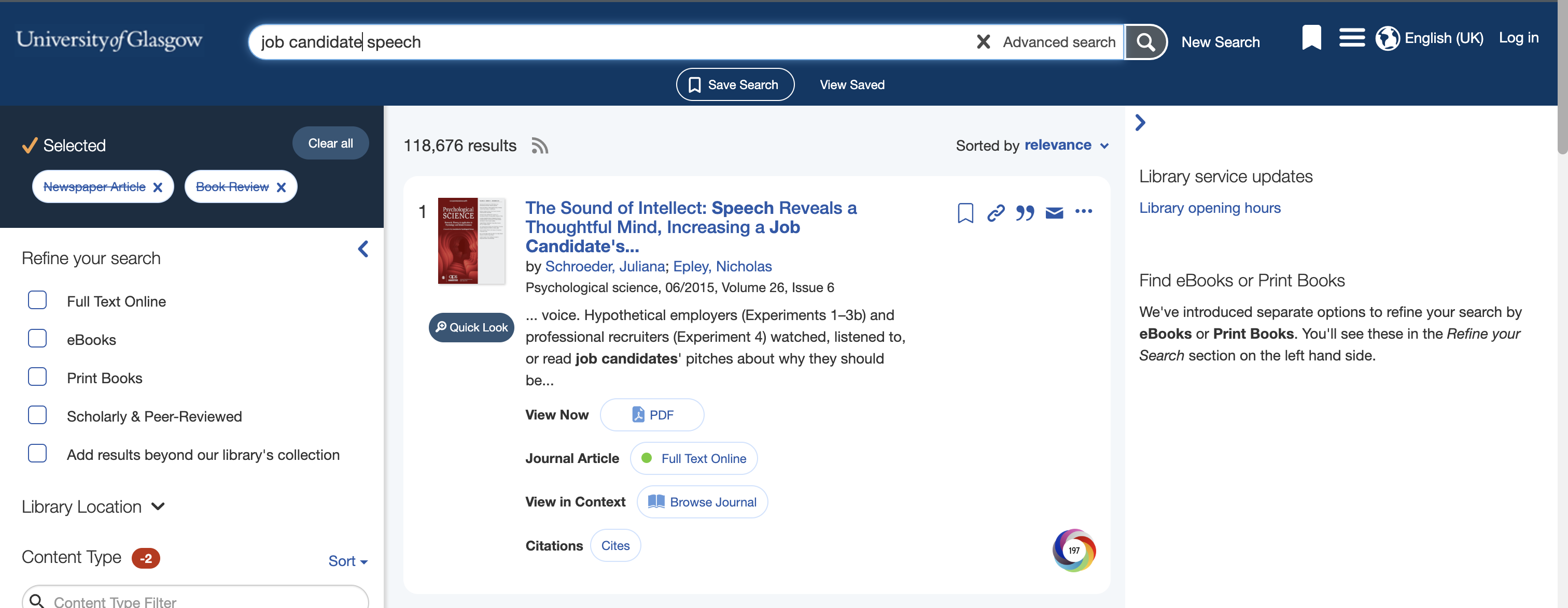 Screenshot of the University of Glasgow library page to search for articles featuring job candidate speech.