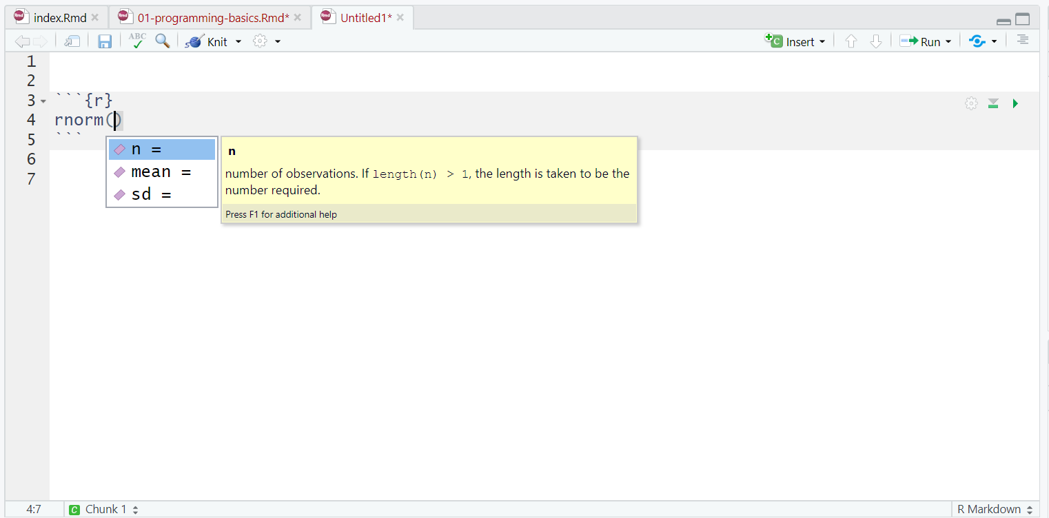 Example of pressing tab to autocomplete function arguments. You can see an example where the arguments n, mean, and sd are visible for the mean function.